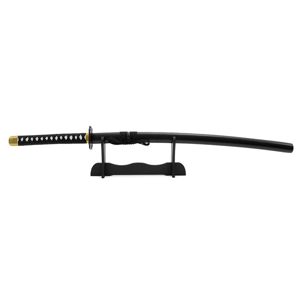 The SMAI Display Carbon Samurai Katana - Black Lotus, featuring a black scabbard and gold accents, is elegantly displayed on a black sword stand against a white background.