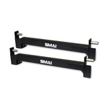 Introducing the X-Frame - Cage Spotting Rail (Pair) by No Sync To Channel Engine, two black metal safety arms designed for weightlifting equipment. Their modular design features rectangular frames and adjustable pins at each end, allowing for secure attachment to a squat rack to ensure barbell safety during workouts.