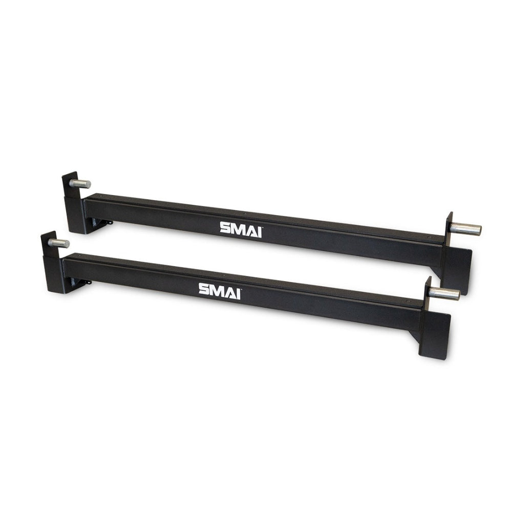 Two X-Frame Cage Spotting Rails from No Sync To Channel Engine, featuring black coloring and modular design for versatility and ease of use. They include metal pegs for secure barbell safety and are positioned parallel to each other on a white background.