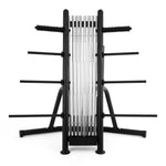 The SMAI Pump Set - Storage Rack Only, in black, is designed for organized storage in a fitness facility. It securely holds several silver pump bars and features horizontal pegs for storing weight plates.