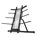 The SMAI Pump Set - Storage Rack Only is a sleek and efficient storage solution featuring multiple horizontal rods to hold pump plates and weights. With two vertical handles at the top and a sturdy base, this free-standing metal rack is crafted for optimal organization of your pump bars and workout equipment.
