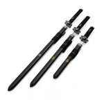 The SMAI Ninja 3pc Sword & Stand set features three black Japanese swords in matching sheaths with gold emblems, each katana showcasing a black handle with gold accents, ornate silver guards, and an included display stand.