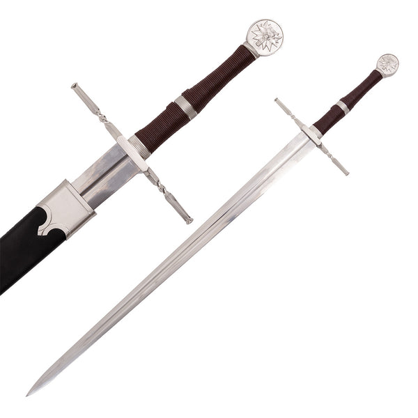 Two views of the SMAI Medieval Broadsword - Witch Hunter, featuring a silver crossguard, brown leather-wrapped handle, and round pommel with a sun symbol. One sword is fully visible; the other remains sheathed.