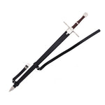 The SMAI Medieval Broadsword - Witch Hunter features a silver crossguard and pommel, brown handle, and black leather scabbard with straps and buckles for waist wear—perfect as a display sword.