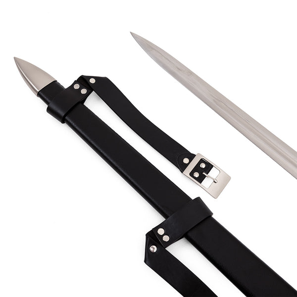 The SMAI Medieval Broadsword - Witch Hunter features a sharp stainless steel blade and comes with a black leather scabbard adorned with silver accents, buckle strap, and pointed metal tip—ideal as an impressive display sword.
