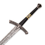 The SMAI Medieval Display Broadsword - Blizzard features a patterned blade, engraved "Winter Is Coming" crossguard, and a black hilt with gold accents, making it an eye-catching fantasy greatsword for any collection.