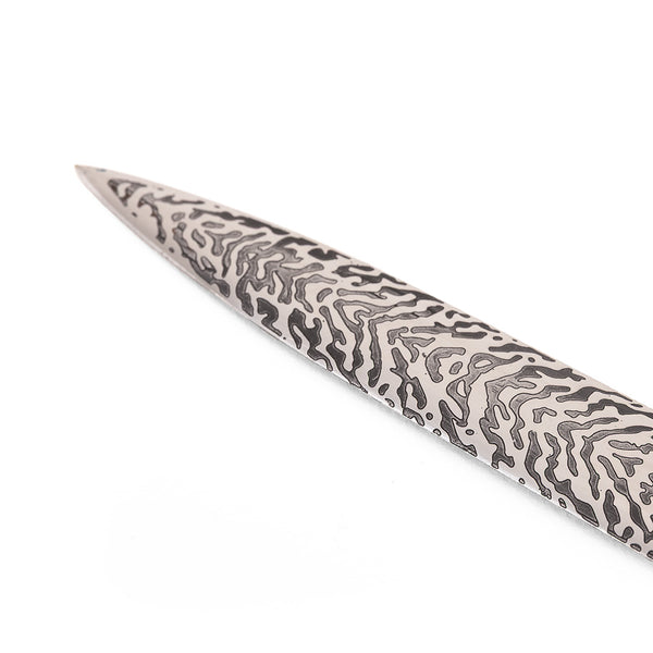A close-up of the SMAI Medieval Display Broadsword - Blizzard reveals its pointed metal blade with intricate, wavy patterns reminiscent of Damascus steel, making this elegant fantasy sword stand out against a plain white background.