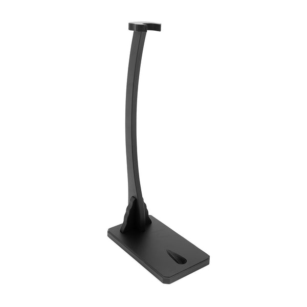 The SMAI Single Upright Sword Display Stand is a black, minimalist stand with a curved vertical support and rectangular base, inspired by sword displays, designed to securely hold headphones.
