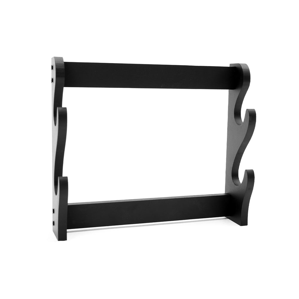 The SMAI Double Sword Display Wall Mounted is a black wooden rack with two shelves and wavy decorative sides, designed to hold 2 swords or collectibles. It is shown freestanding against a white background.