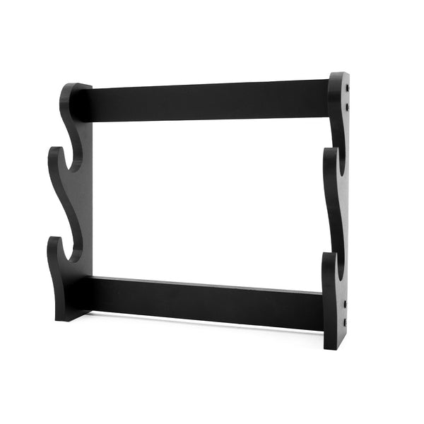 The SMAI Double Sword Display Wall Mounted is a black wooden holder with curved side supports and two horizontal bars, designed to display 2 swords. Shown against a plain white background.