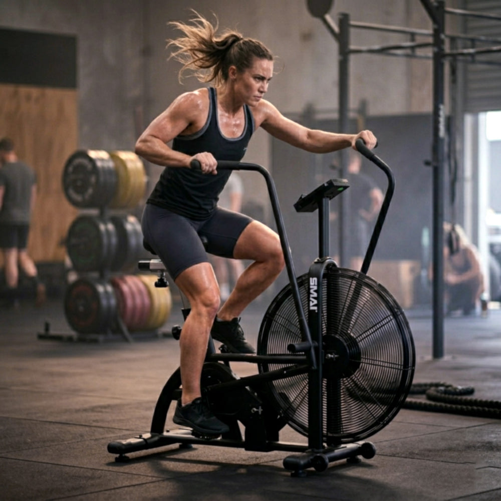 Woman exercising on an SMAI air bike in a gym setting