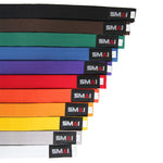 A fan arrangement of SMAI Martial Arts Belt Single Colour in black, brown, red, purple, blue, green, orange, yellow, and white—each labeled "SMAI." Ideal for Karate or Taekwondo belt rankings.