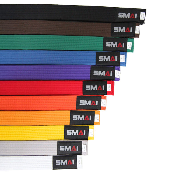 A fan arrangement of SMAI Martial Arts Belt Single Colour in black, brown, red, purple, blue, green, orange, yellow, and white—each labeled "SMAI." Ideal for Karate or Taekwondo belt rankings.