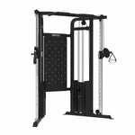 The SMAI Functional Trainer features a black and silver design with dual weight stacks, adjustable pulleys, a pull-up bar, and multiple attachment points—ideal for versatile strength training in any home gym.