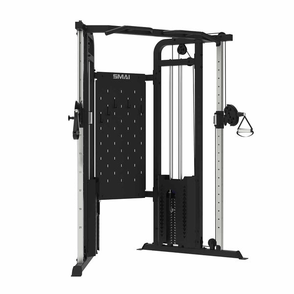 The SMAI Functional Trainer features a black and silver design with dual weight stacks, adjustable pulleys, a pull-up bar, and multiple attachment points—ideal for versatile strength training in any home gym.
