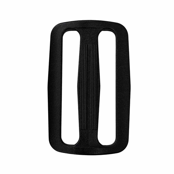 The SMAI Boxers Chest Guard Replacement Part - Strap Adjuster is a black, rectangular plastic clip featuring two slots and a central vertical bar, displayed on a white background—perfect for securing straps as a replacement component for the SMAI Boxers Chest Guard.
