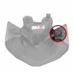 A black SMAI Boxers Chest Guard with the "SMAI" logo features adjustable straps. A red circle highlights a close-up of the 55mm buckle, which can be easily swapped out with the SMAI Boxers Chest Guard Replacement Part - Buckle if a replacement is needed.