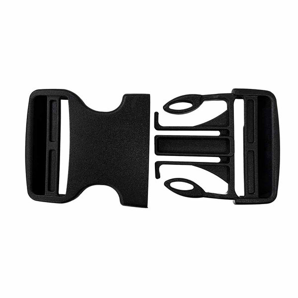 The SMAI Boxers Chest Guard Replacement Part - Buckle is a black plastic 55mm buckle clip, pictured unfastened with both male and female components visible against a white background, making it an ideal replacement for your SMAI Boxers Chest Guard.