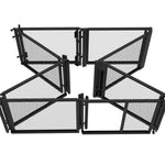 The SMAI MMA Cage - 5m Fold Away features four black metal mesh panels with gates and vertical supports in a square shape—ideal as a space-saving training cage for compact areas.