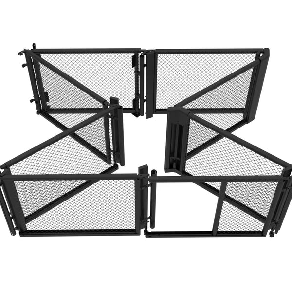 The SMAI MMA Cage - 5m Fold Away features four black metal mesh panels with gates and vertical supports in a square shape—ideal as a space-saving training cage for compact areas.