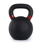 A robust 32 kg black kettlebell with a powder-coated finish, featuring red markings near the handle and the "No Sync To Channel Engine" brand engraved on its front.
