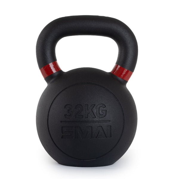 A robust 32 kg black kettlebell with a powder-coated finish, featuring red markings near the handle and the "No Sync To Channel Engine" brand engraved on its front.