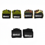 Three pairs of SMAI Wrist Support Wraps - Weightlifting in olive green, camouflage, and black, each featuring a prominent logo on the closure strap for gym wrist protection.