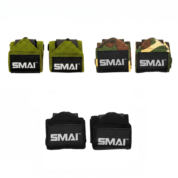 Three pairs of SMAI Wrist Support Wraps - Weightlifting in olive green, camouflage, and black, each featuring a prominent logo on the closure strap for gym wrist protection.