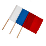 The SMAI Referee / Judge Flag Set is shown, featuring three flags with wooden handles in solid white, blue, and red colors.