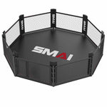 The SMAI MMA Cage - 5m Fold Away is a black octagonal cage with mesh fences, padded posts, and a front center door. "SMAI" appears in white and red on the mat. Its fold-away design offers space-saving convenience.