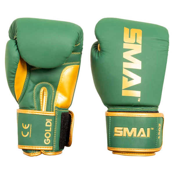 The Gold Series Boxing Glove by SMAI in green and gold is featured, displaying both palm and knuckle sides. The gloves include bold "SMAI" and "GOLD" branding, a Velcro wrist strap for optimal wrist support, and showcase their design from multiple angles.
