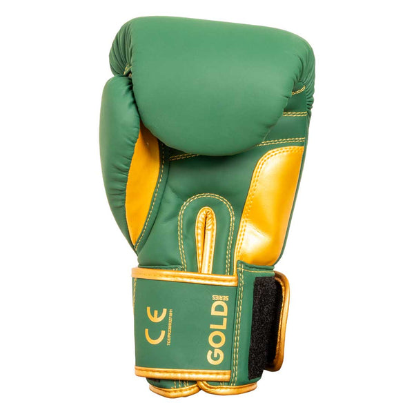 The SMAI Gold Series Boxing Glove - Green/Gold features gold stitching, a prominent "GOLD" label, and a CE-certified wrist strap for enhanced wrist support and superior shock protection, showcased on a white background.
