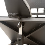 Close-up view of the adjustable seat and metal frame mechanism of a SMAI Light Commercial Leg Press/Hack Squat Combo.