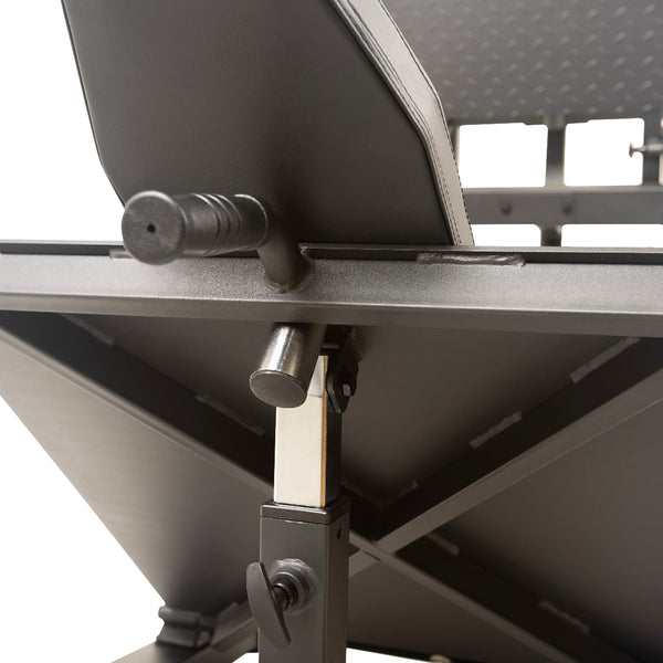 Close-up view of the adjustable seat and metal frame mechanism of a SMAI Light Commercial Leg Press/Hack Squat Combo.
