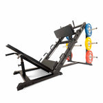 Black SMAI Leg Press / Hack Squat Combo - Light Commercial with colored weight plates loaded on the rear racks.