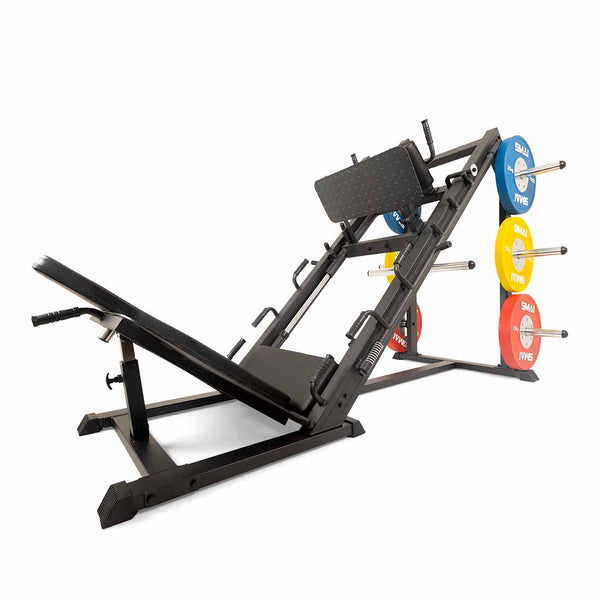 Black SMAI Leg Press / Hack Squat Combo - Light Commercial with colored weight plates loaded on the rear racks.