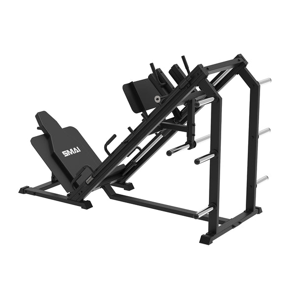 A black SMAI Light Commercial Leg Press/Hack Squat Combo machine featuring weight plate pegs.