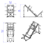 Technical line drawings of an SMAI Light Commercial Leg Press/Hack Squat Combo machine showing front, side, and isometric views with height and width measurements for a home gym.