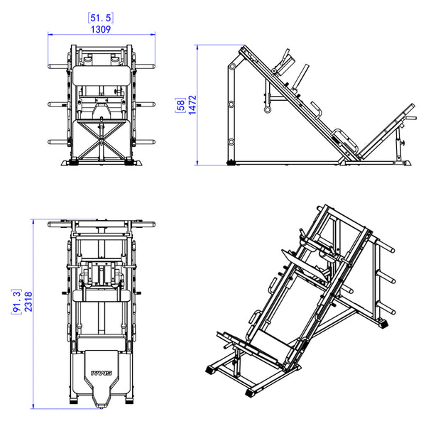 Technical line drawings of an SMAI Light Commercial Leg Press/Hack Squat Combo machine showing front, side, and isometric views with height and width measurements for a home gym.