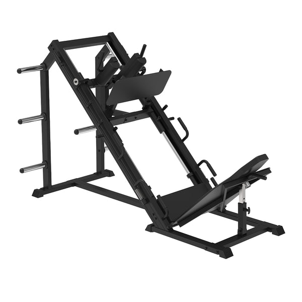 Black SMAI Light Commercial Leg Press/Hack Squat Combo machine with weight plate storage horns on the side.