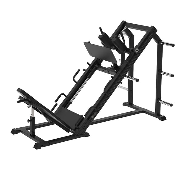 Black SMAI Light Commercial Leg Press/Hack Squat Combo machine featuring side storage horns for weight plates.