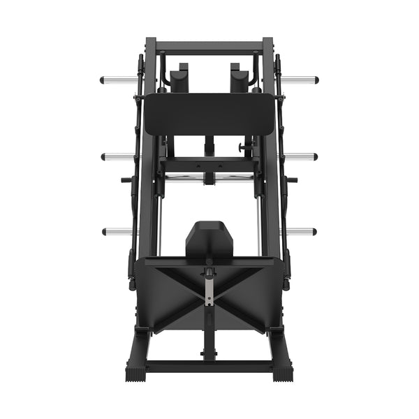 Front view of a black SMAI Light Commercial Leg Press/Hack Squat Combo machine featuring chrome weight horns.