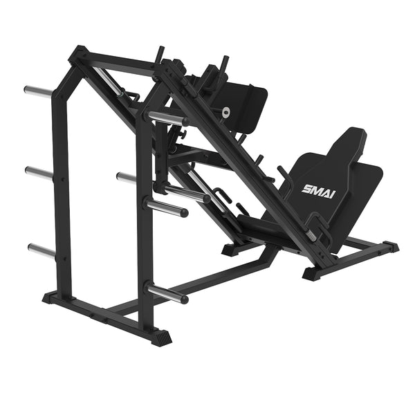 Black SMAI Light Commercial Leg Press/Hack Squat Combo machine featuring a padded back support for leg press exercises.