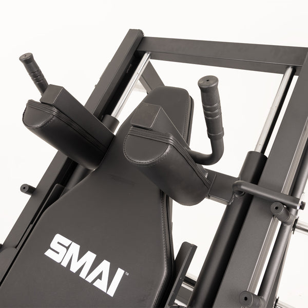 High-angle view of an SMAI Light Commercial Leg Press/Hack Squat Combo featuring padded shoulder rests and handles.