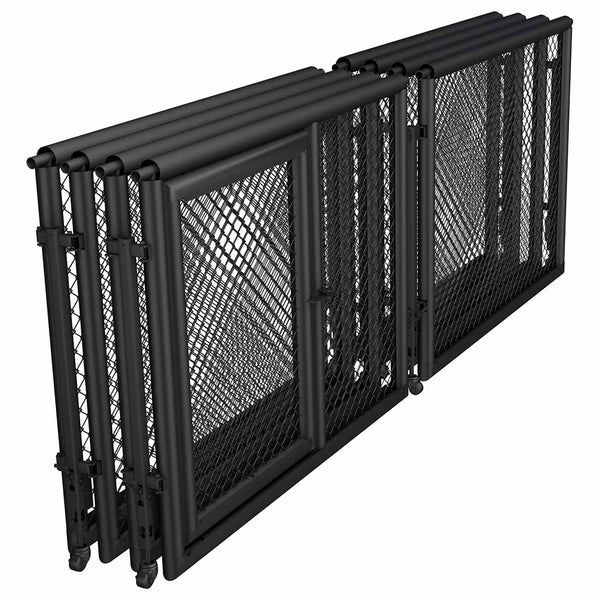 The SMAI MMA Cage - 5m Fold Away is a black, metal folding cage with mesh panels and wheels, shown partially extended. It features multiple vertical bars and offers a compact, space-saving solution for MMA training.