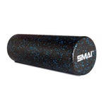 The Firm Recovery & Stretch Pack by SMAI features a black foam roller adorned with blue speckles and the "SMAI" logo on one end, set against a white background, ideal for toning glutes during exercises.