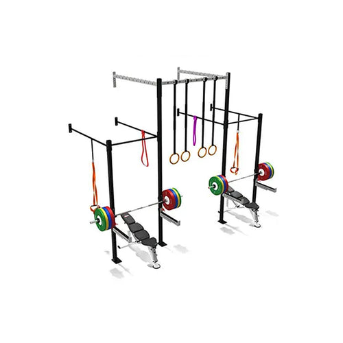 Illustration of a gym setup featuring two weight benches with barbells, colorful weight plates, pull-up bars, gymnastic rings, and resistance bands attached to a metal frame. The equipment is arranged symmetrically on a white background.