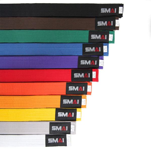A fan arrangement of SMAI Martial Arts Belt Single Colour in black, brown, red, purple, blue, green, orange, yellow, and white—each labeled "SMAI." Ideal for Karate or Taekwondo belt rankings.