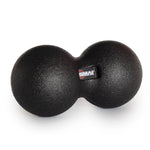 Experience the Deep Tissue Therapy Pack by SMAI, a black foam roller designed with two connected spheres and a textured surface, perfect for deep tissue sessions. It also features a small tag at the center.