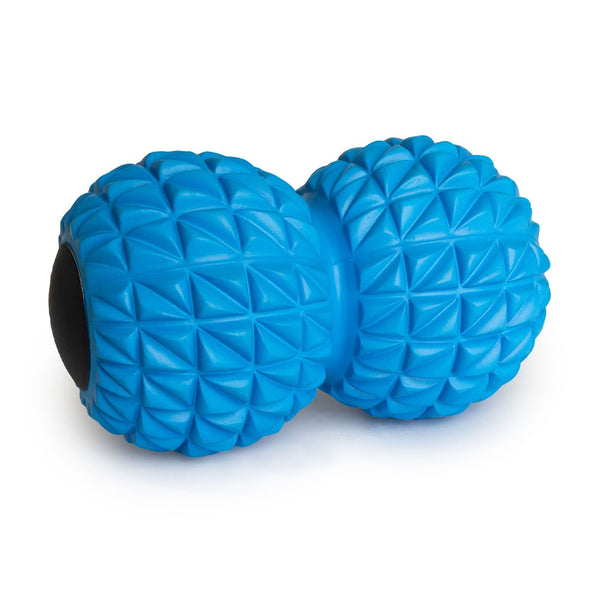Introducing the SMAI Peanut Roller Pack: a blue textured peanut roller with two spherical ends, connected in the middle and featuring a geometric patterned surface along with black areas at each end. Perfect for massage and pain relief, it provides a soothing experience.